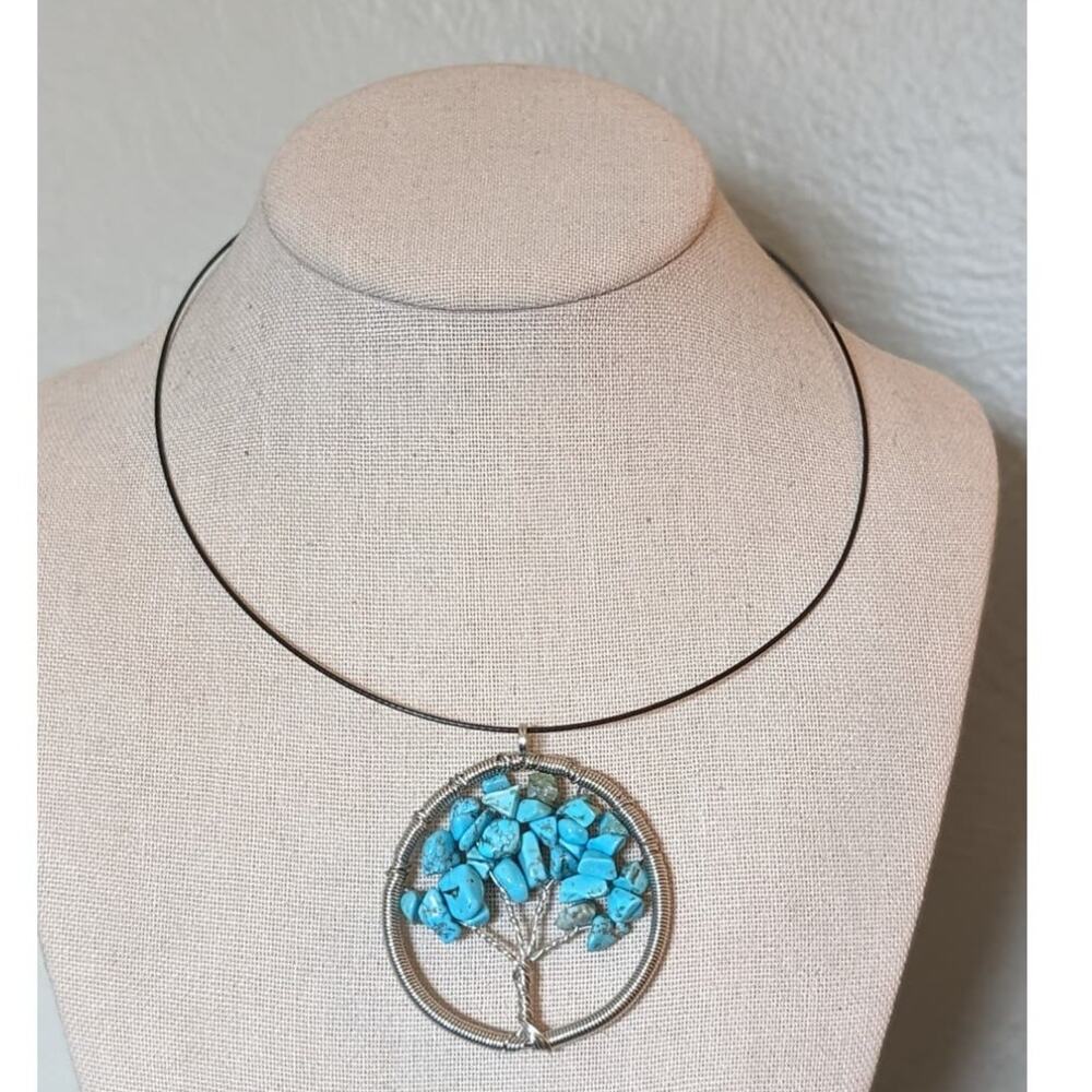 Turquoise Chip Wire Wrapped Pendant Tree of Life on Black Choker Cable